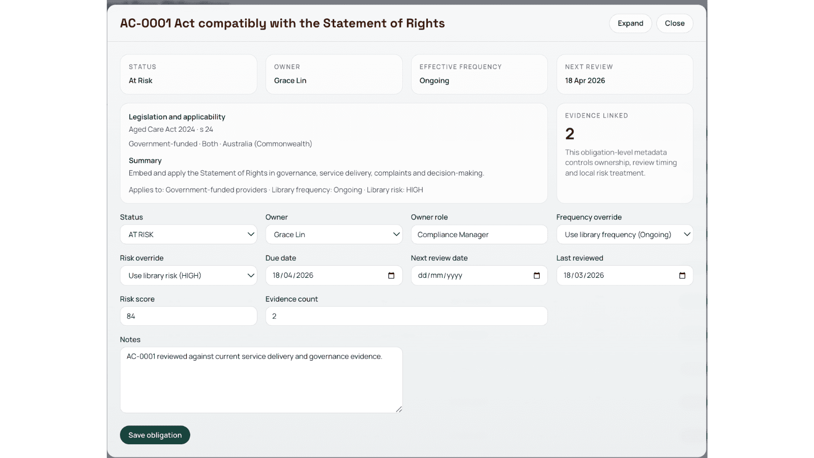 Aged care obligation detail view showing status, owner, dates, evidence count and notes