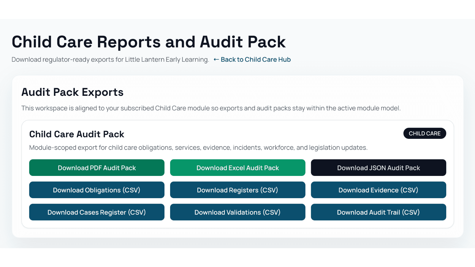 Child care reports and audit pack screenshot with export options