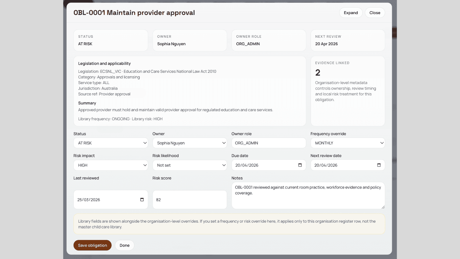 Child care obligation detail modal showing status, owner, dates, evidence count and notes